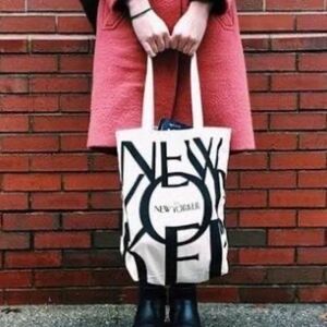 The New Yorker Iconic Logo tan canvas tote bag